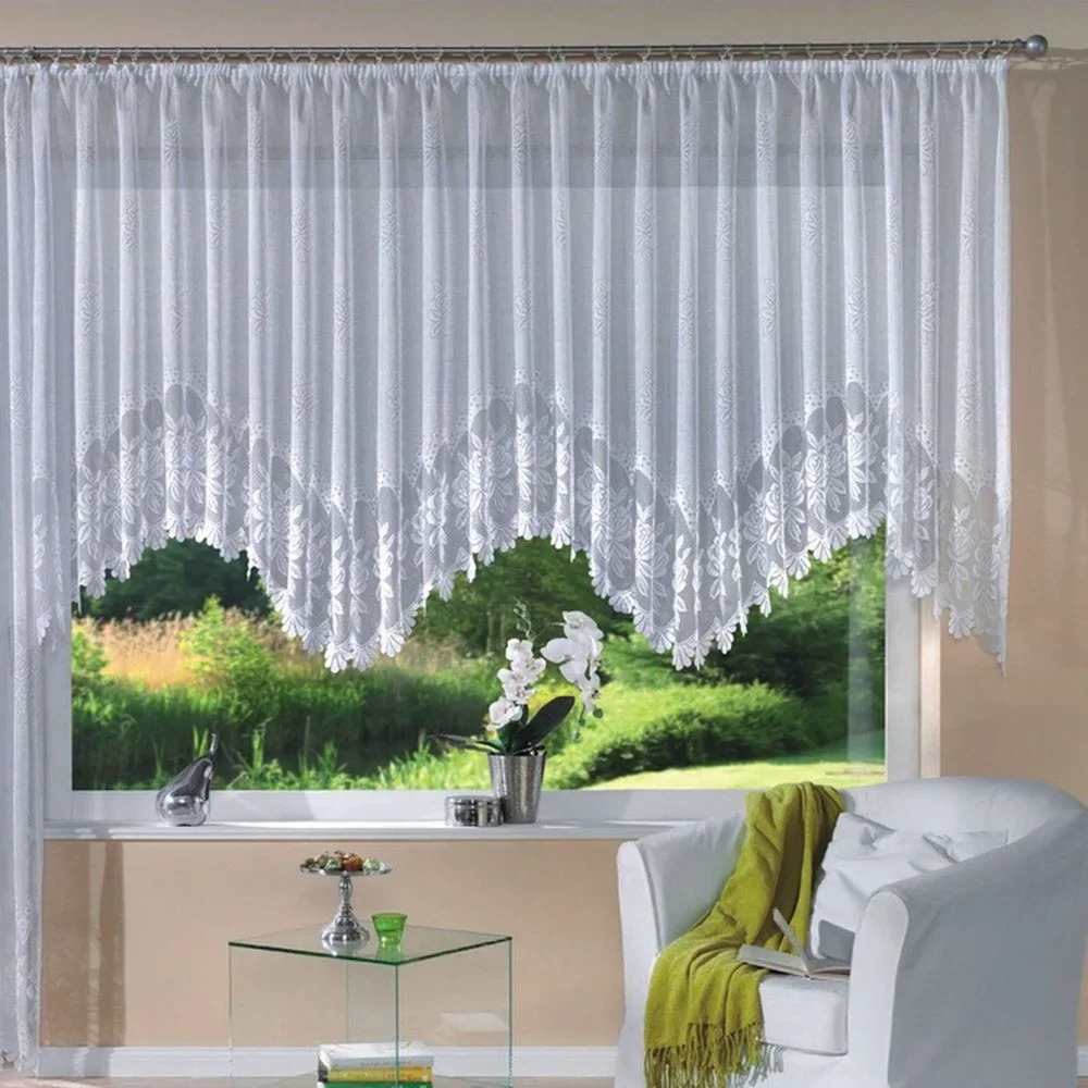 European Style Lace Arch Transparent Curtains White Polyester Knitted Semi-shading Large Size Kitchen Bedroom Home Decoration