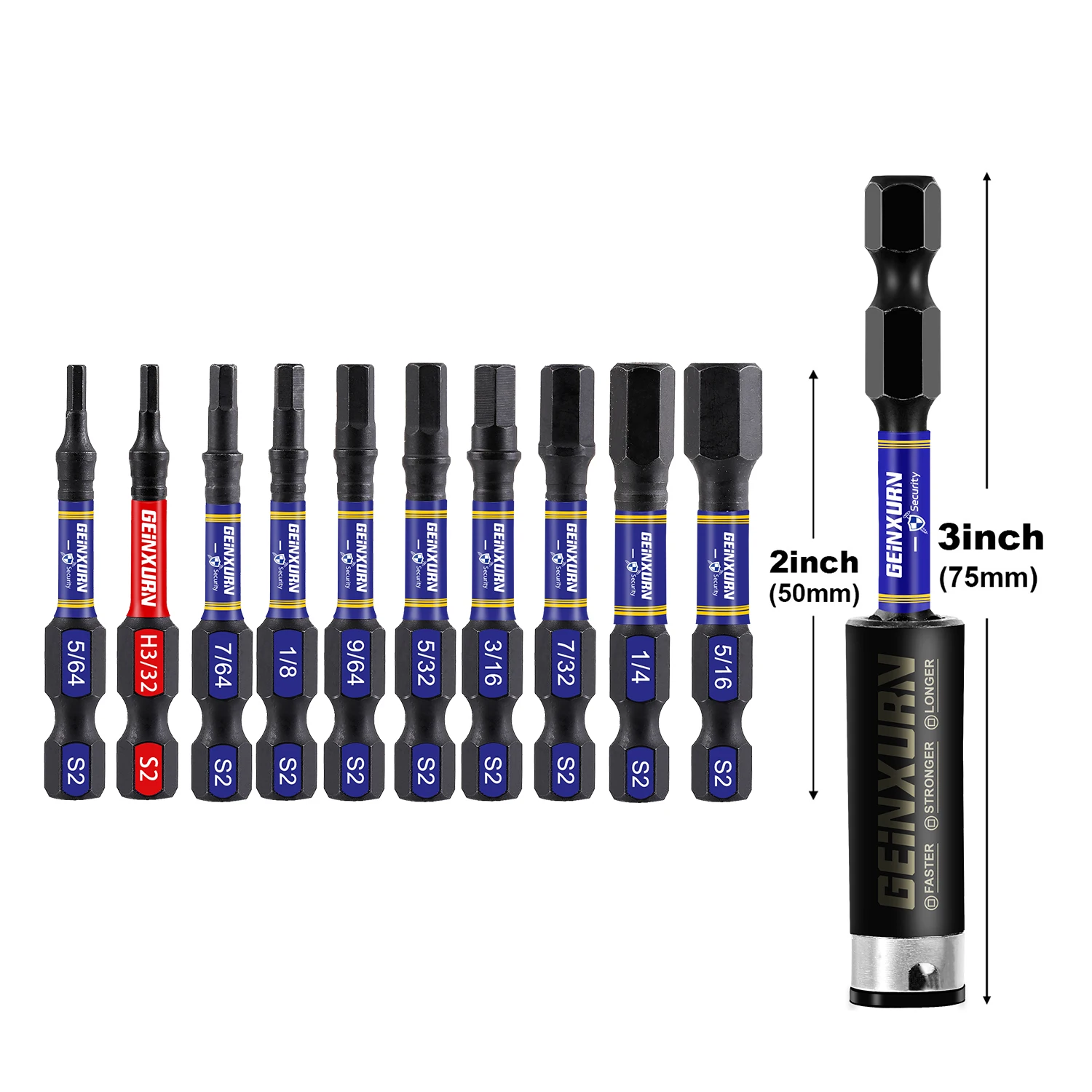 Geinxurn 2inches Multi Hex Head SAE Insert Bits Set ,S2 Steel Hex Screwdriver Bit set with Base and  3 In Bit Holder
