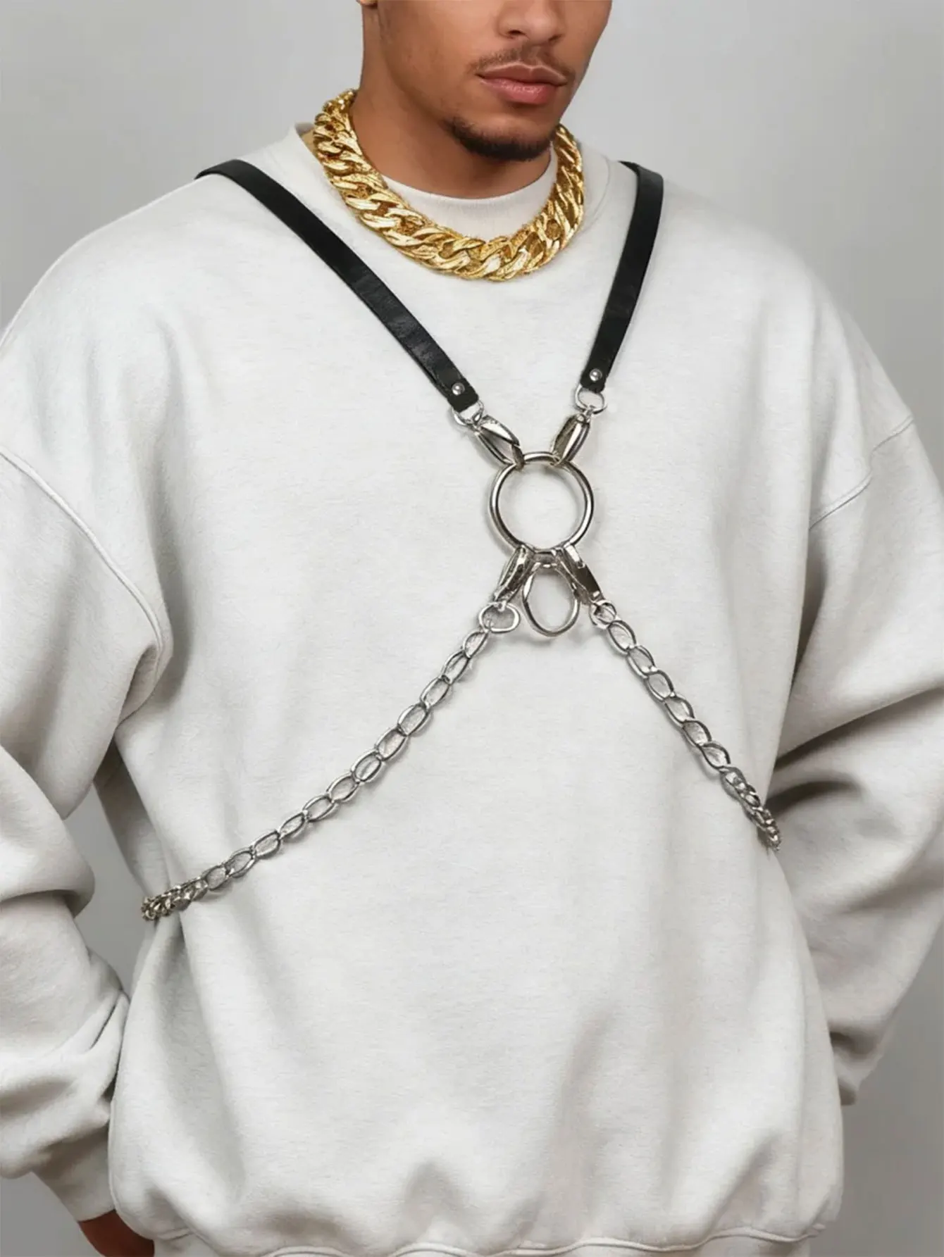 Men's and Women's Street Style Harness Belt Artificial Leather Punk Slant Belt Single Shoulder Belt Metal Chain Harajuku Belt