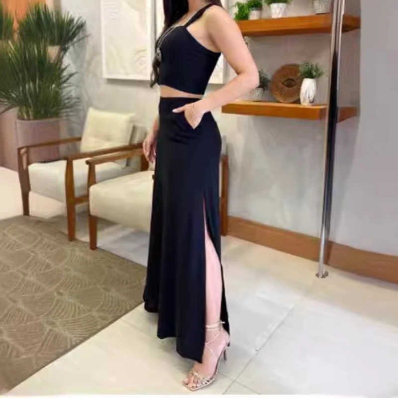 Two Piece Sets Women Skirt Set Sling Short Tops Sleeveless Solid Slim Fit A Line Long Skirts High Waist Casual 2024 Spring