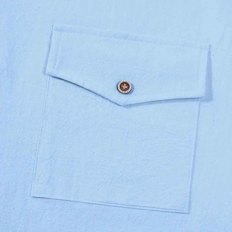 Herrenhemd mit Revers und Doppelbrusttasche aus Leinenmischung, Kurzarm, Einfarbig, Locker Geschnitten, für Strand, Resort, Reisen, Alltag, Outdoor, Sommer, Lässiges Oberteil – Detail 5