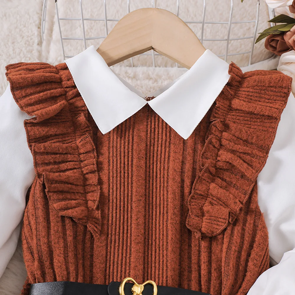 Kids Casual Shirt Dress For Girls Clothes Winter 2024 New Child Fashion Long Sleeve Ruffle Knitted Princess Dress with Belt