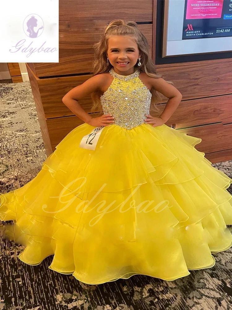 Abito da ragazza di fiore giallo per matrimonio Tulle gonfio con perline senza maniche Lunghezza pavimento Principessa Spettacolo Elegante abito da ballo di compleanno per bambini