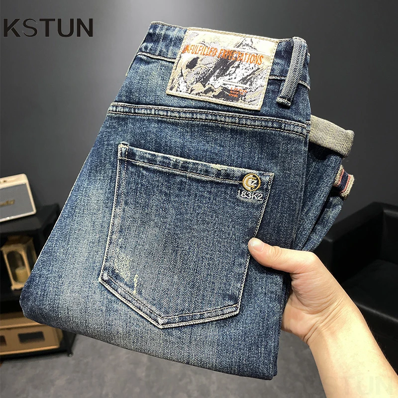 

KSTUN Men's Jeans Stretch Slim Straight 2025 Spring and Autumn Streetwear Casual Men Denim Pants Mens Clothing Quality Brand