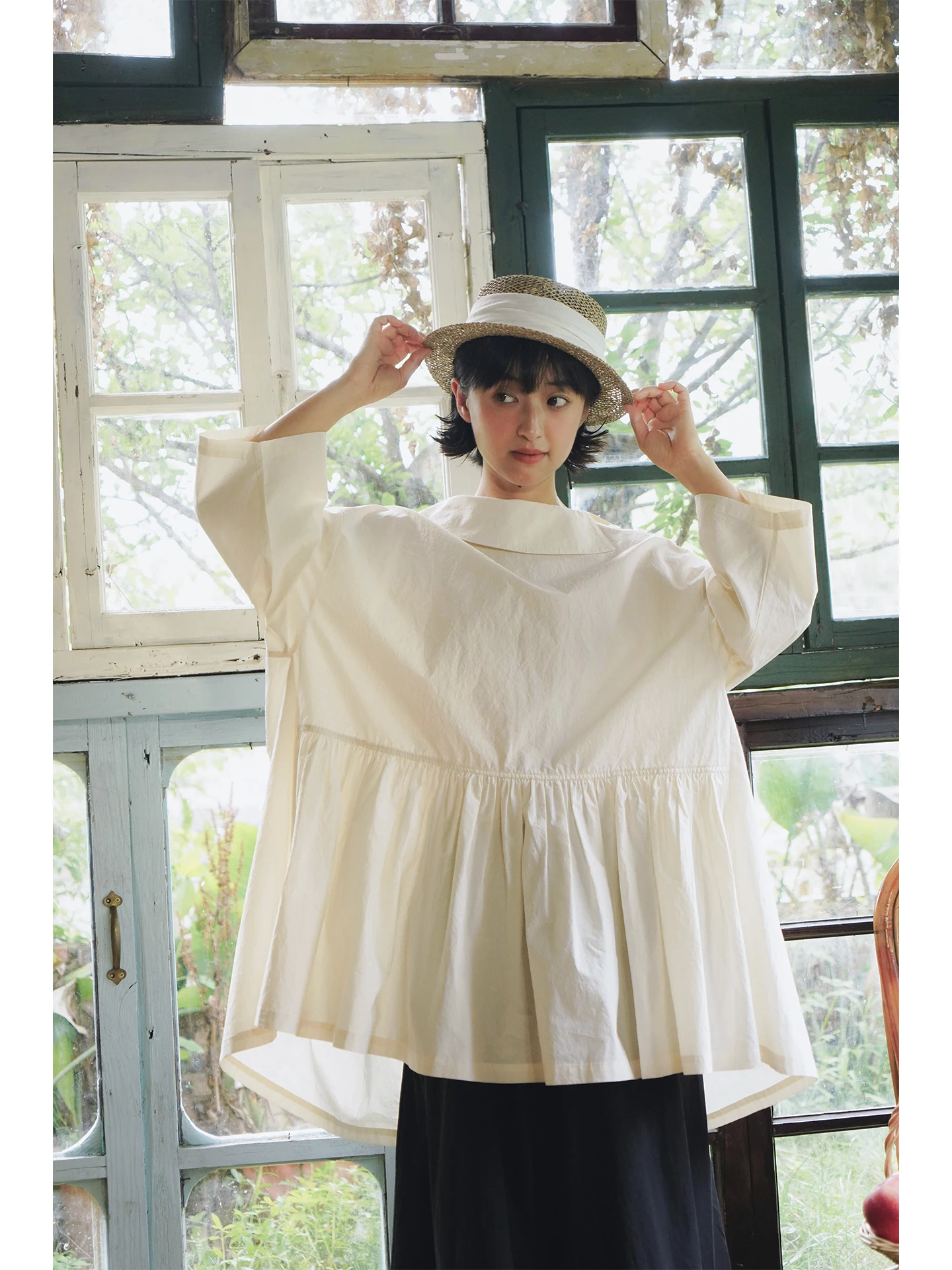 

Оригинальная японская свободная хлопковая рубашка Jevotique: дизайнерская бежевая рубашка-накидка в стиле кукольного платья, дышащая летняя рубашка