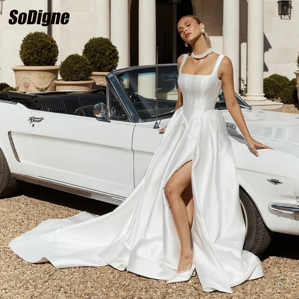 

﻿ SoDigne A-line Wedding Dresses Square Collar Sleeveless Simple Satin Bridal Dress Bride Gown vestidos de novia Customized