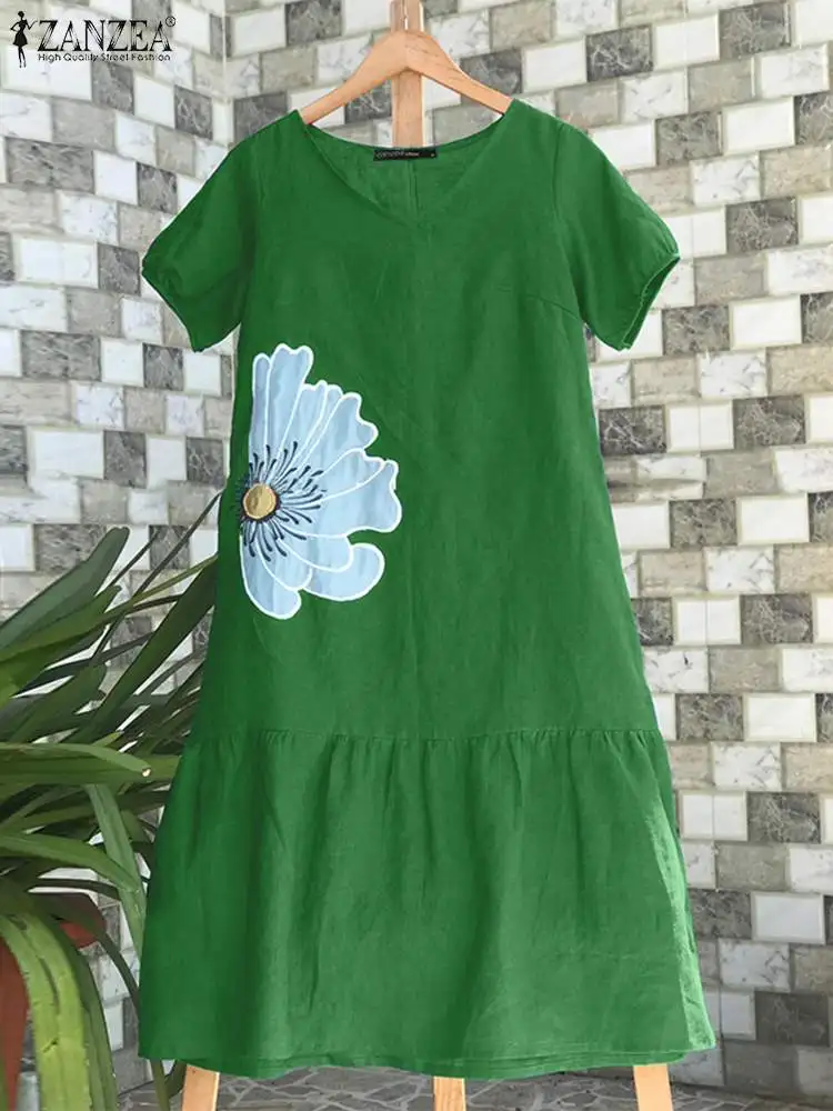 ZANZEA abiti Midi Casual con stampa floreale da donna 2024 estate per il tempo libero manica corta a sbuffo orlo arruffato Vestidos Holiday Sundress