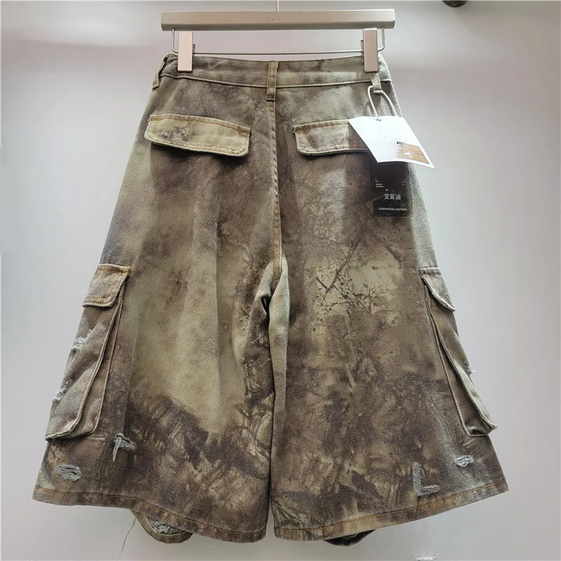 2025 New American Retro Wide-leg Tooling Ripped Camouflage Summer Loose Straight Five-point Denim Shorts For Women