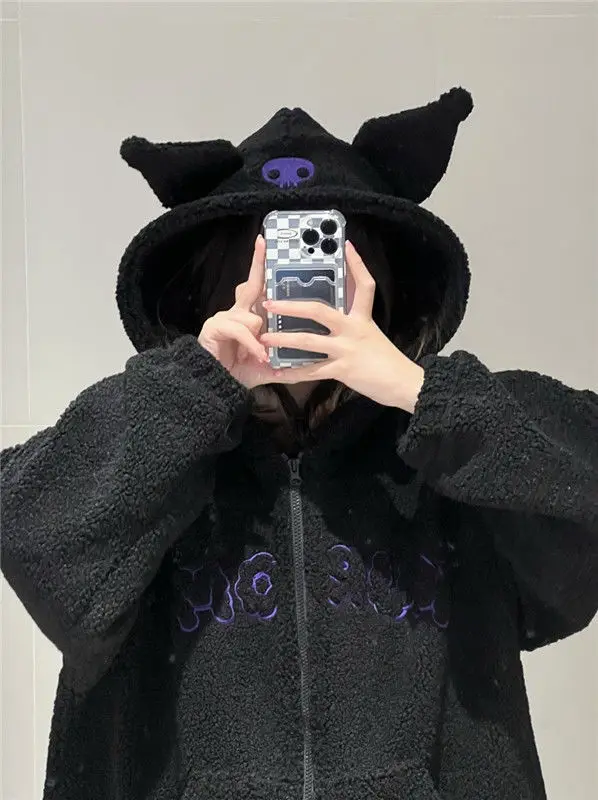 Sanrio Anime Kuromi Kleidung Frauen Schwarz Stickerei Hoodies Y2k Tops Herbst Winter Dünne Mantel Weibliche Mode Lose Sweatshirt – Detail 2
