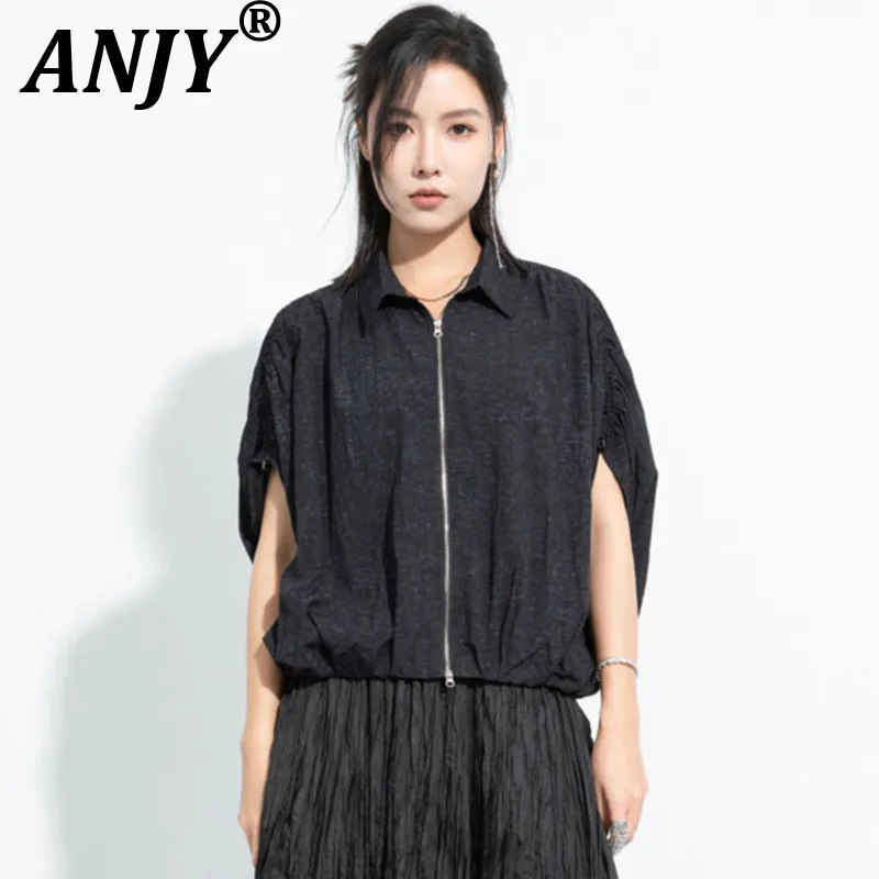 

ANJY Новая женская стильная плиссированная блузка с текстурным дизайном, рукавами «летучая мышь» и молнией, модный шикарный повседневный топ A21480