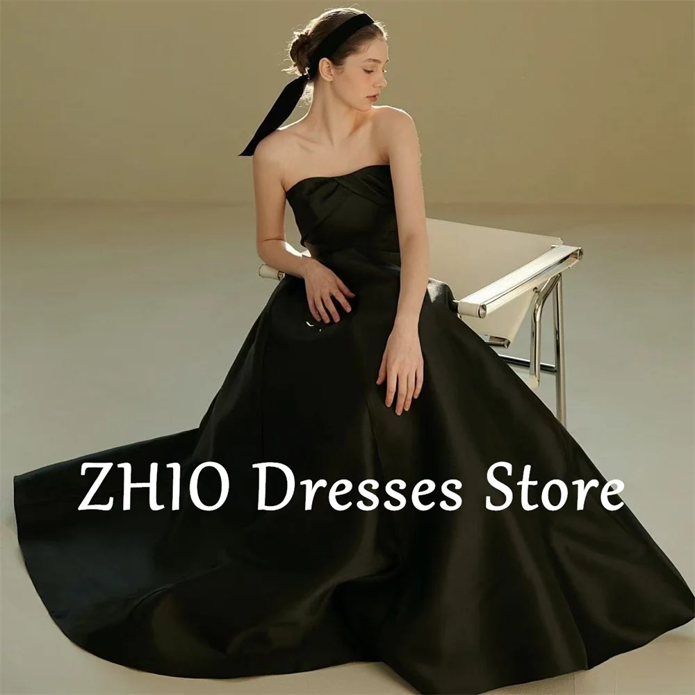 ZHIO noir bretelles avec manches bouffantes robe coréenne séance photo robes de mariée en Satin personnalisé Corset/fermeture éclair dos fête moderne