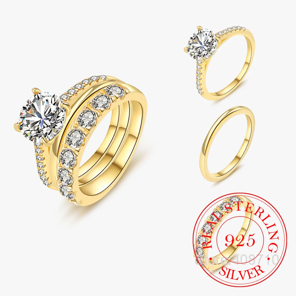 925 Sterling Silver Jewelry Luxury Crystal 3PCS One Set Finger Rings for Women Wedding Party Jewelry For Girls Friend Gift