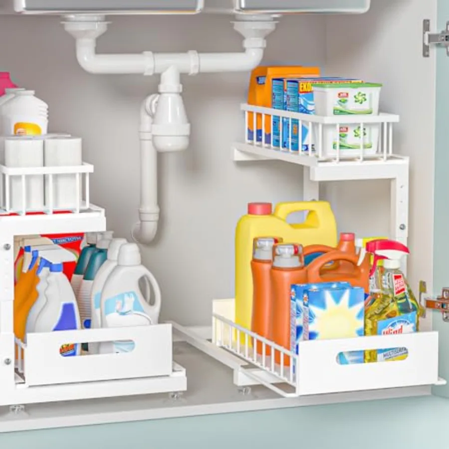 

Under Sink Organizer 2-Tier Premium Metal Pull-Out Racks with Adjustable Height Heavy Duty Sliding Bin for Bathroom and Kitchen