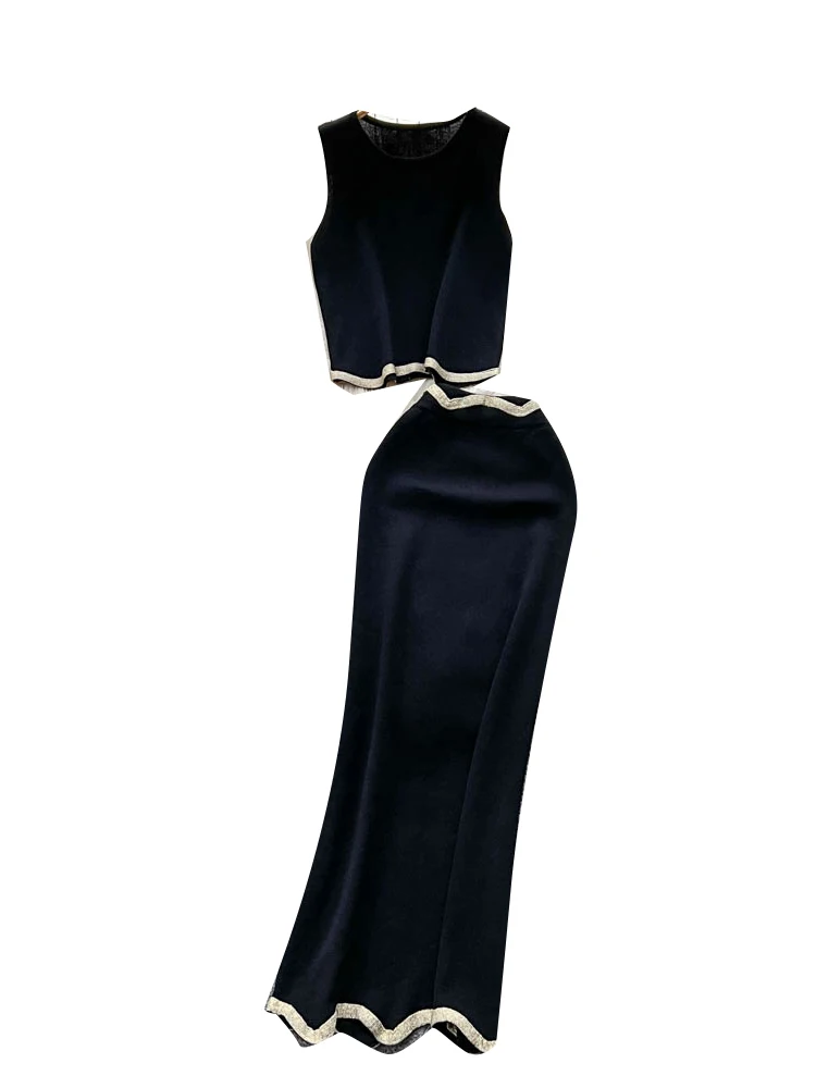 

Faionable High-End Women's Summer Outfit round Ne Svel Knitted Vest And High Waist Bodycon Skirt Two-Piece Set