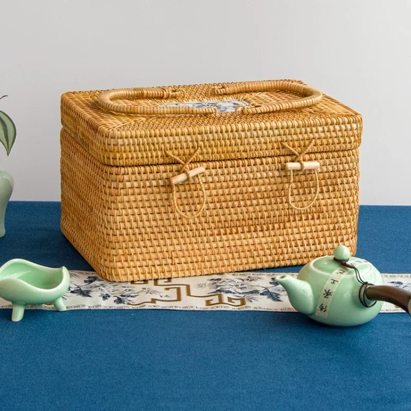 

Portable Rattan Storage Box with Handle Wicker Ornament Box Tea Food Container Picnic Bread Fruit Cake Basket Kitchen Organizer