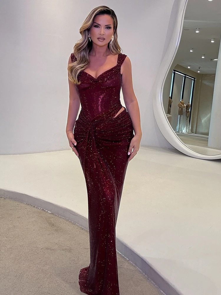 Women Burgundy Long Dresses – Sleeveless Bodycon Gown with Side Cut-Out Elegant Formal Party Dress Cocktail Nights Vestidos