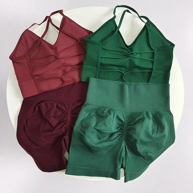 Ladies 2PCS Fitness Set Breathable High Waist Butt Lifting Shorts Backless Sports Bra Active Wear