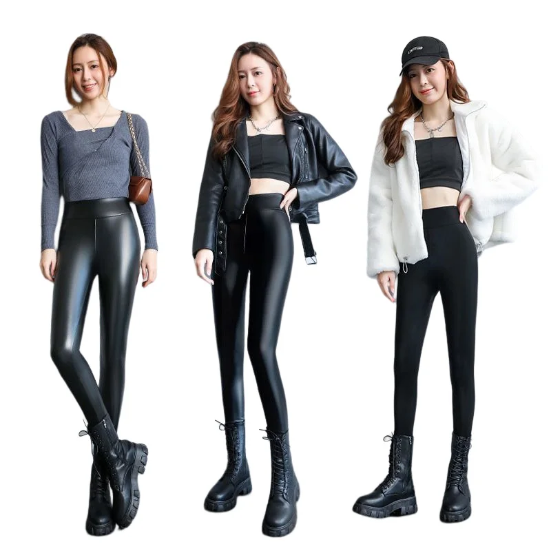 Winter Warm PU Leather Leggings Women Leather Pantalones High Waist Thermal Tights Stretchy Pants Winter Fleece Lined Trousers