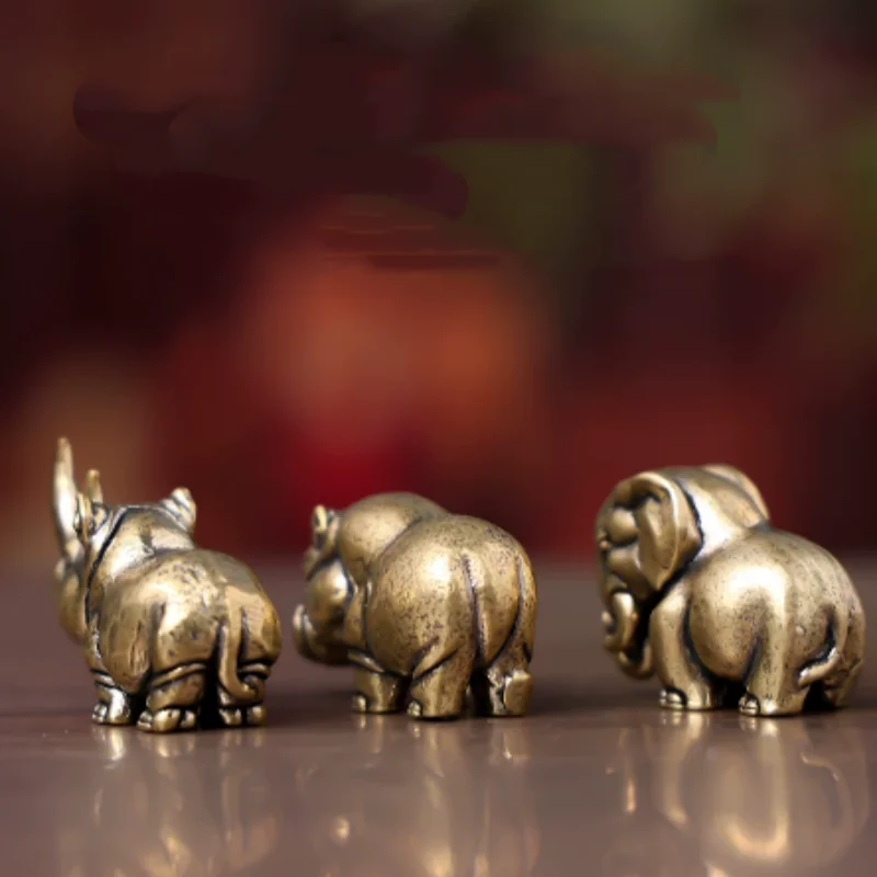 Antique Copper African Wildlife Trio statue(Elephant, Hippo & Rhino) - Mini Tea Pet Ornament, Desktop Decor & Palm Stone