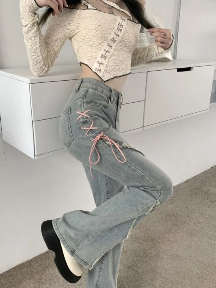 Women's Summer Stretchy High Waist Flared Jeans 2026 New Cropped Denim Pants With Side Slit Hem Tie Knot Detail