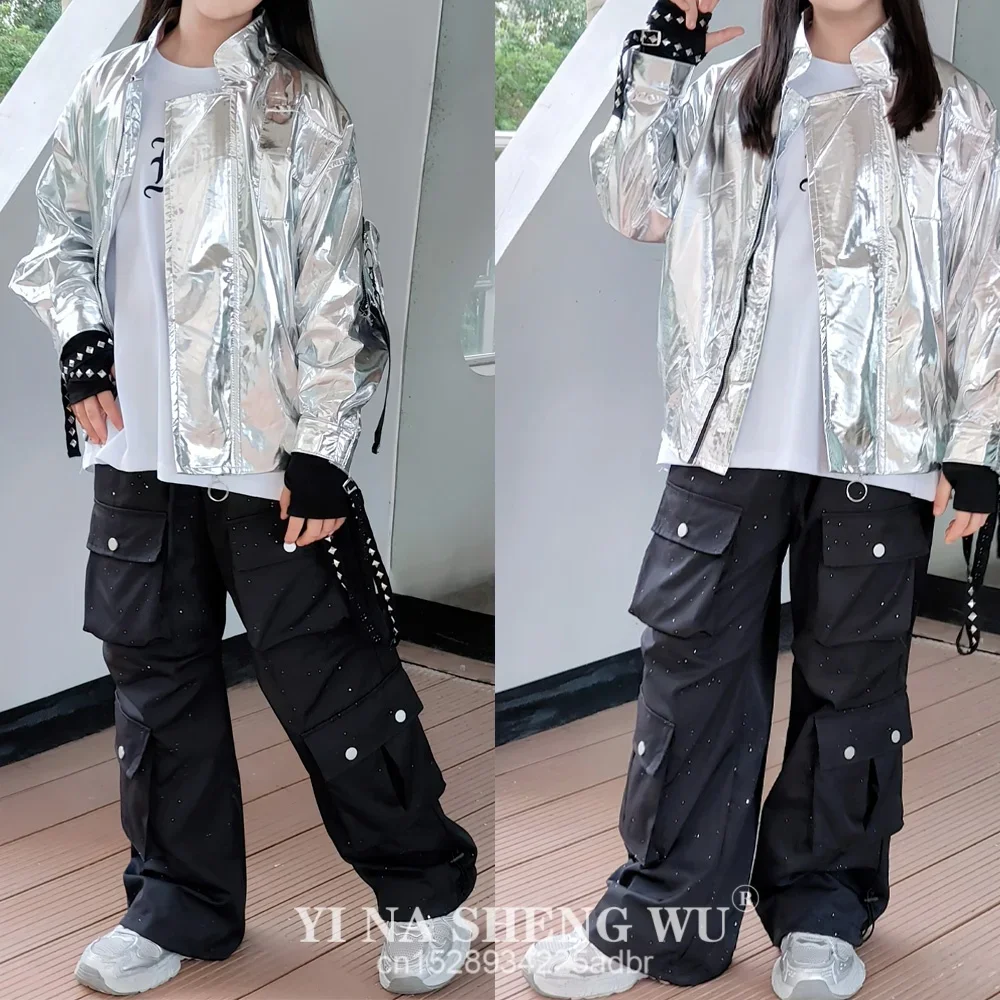 Boys Hip Hop Silver Jacket Street Dance Cargo Pants Girls Cool Streetwear Kids Jazz Clothes Sets Children Shiny Costumes