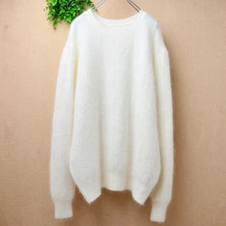 Ladies Women Fall Winter Clothing Beige Hairy Angora Rabbit Hair Knitted Long Sleeves O-Neck Loose Pullover Sweater Jumper Pull