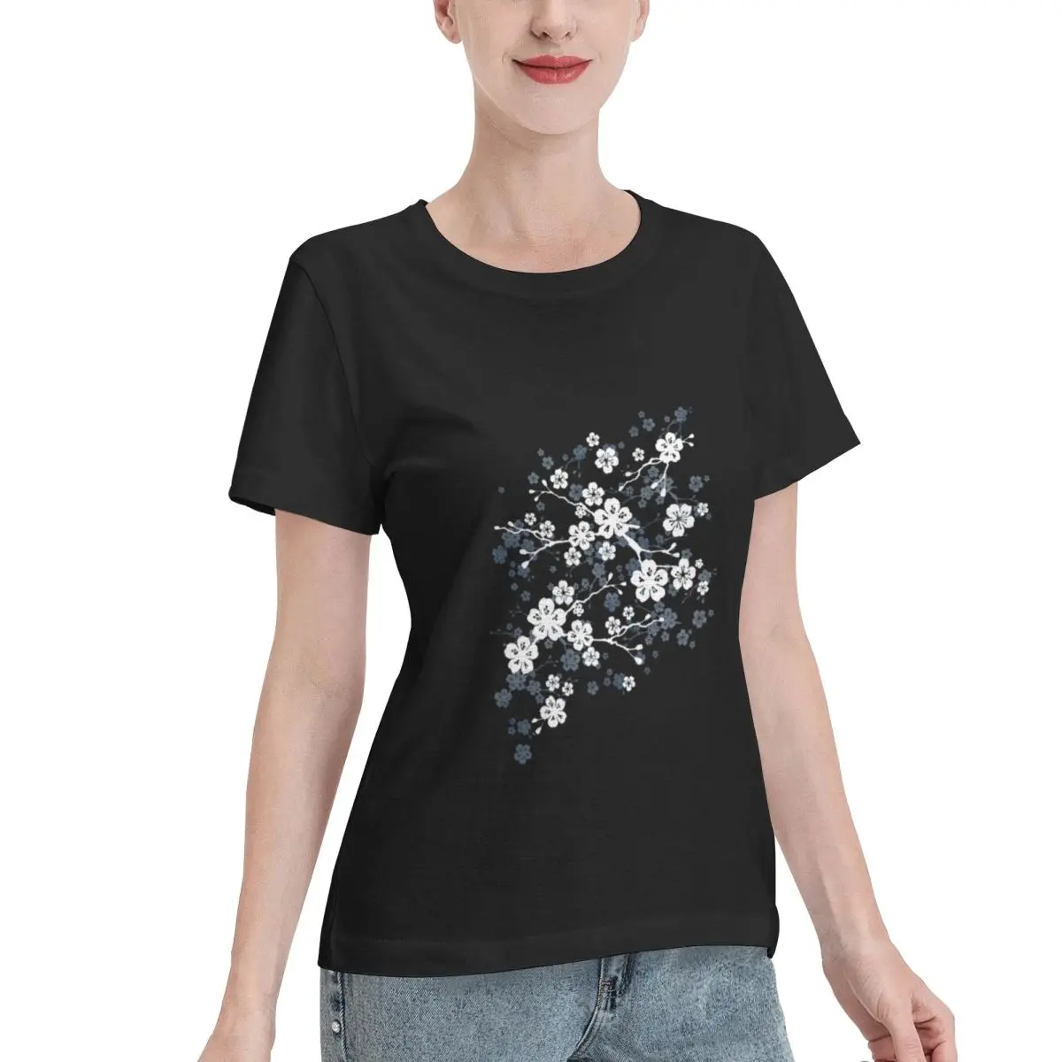 Must Have Navy And White Cherry Blossom Pattern Women's T-shirt Casual Wear Resistant Top