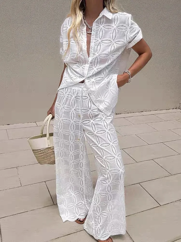 

Hollow Out Women White 100% Cotton Set Short Sleeve Turn-down Collar Shirt Top + Elastic Waist Straight Pants Casual Suits
