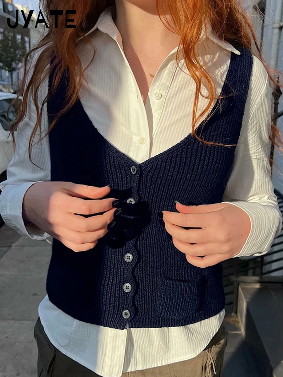 

Vintage Navy Knitted Sleeveless Vest Sweatwer Women New Casual Slim V-neck Preppy Style Jumper Basic Sweet Cute Sweaters Tops