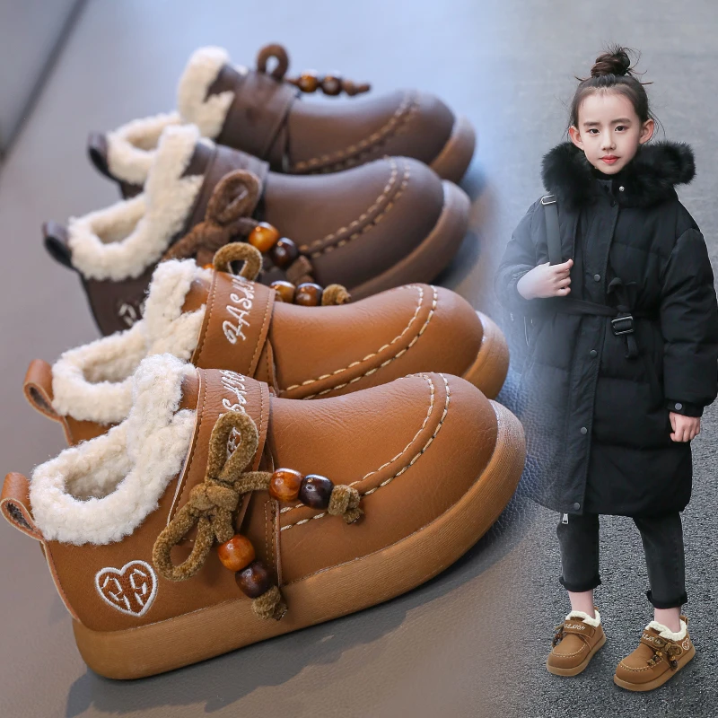Sepatu Boken berbulu untuk anak-anak, sepatu bot pendek berhak lembut untuk anak laki-laki dan perempuan, sepatu katun salju anak-anak baru yang hangat untuk musim dingin.