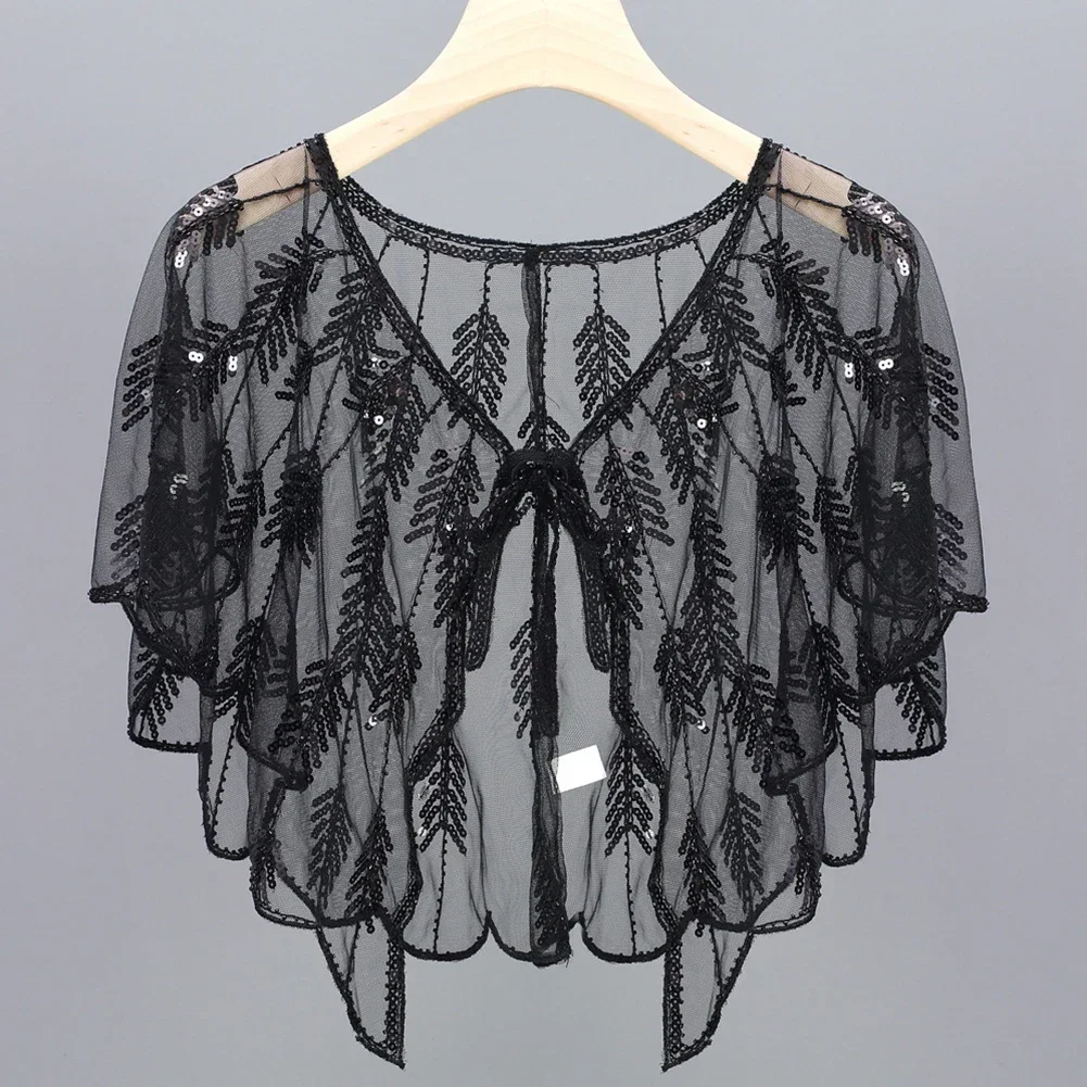 Women Retro 1920s Beaded Sequin Shawl Sheer Mesh Embroidery Leaf Bolero Party