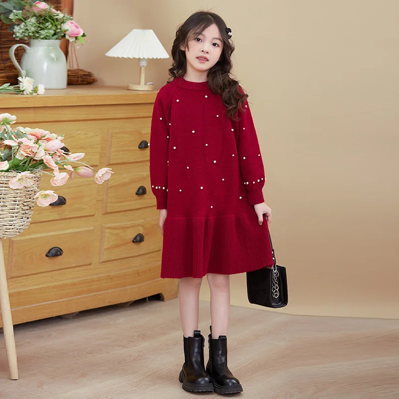 Girls' sweater skirt Girls' dress CuHK children's New Year's wear 2024 autumn and winter new children's sweater New Year's wear