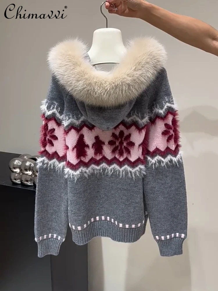 

Elegant Socialite Jacquard Sweater Real Fur Coats Fox Fur Collar Hooded Casual Loose Zipper Knitted Cardigan Tops Women Autumn