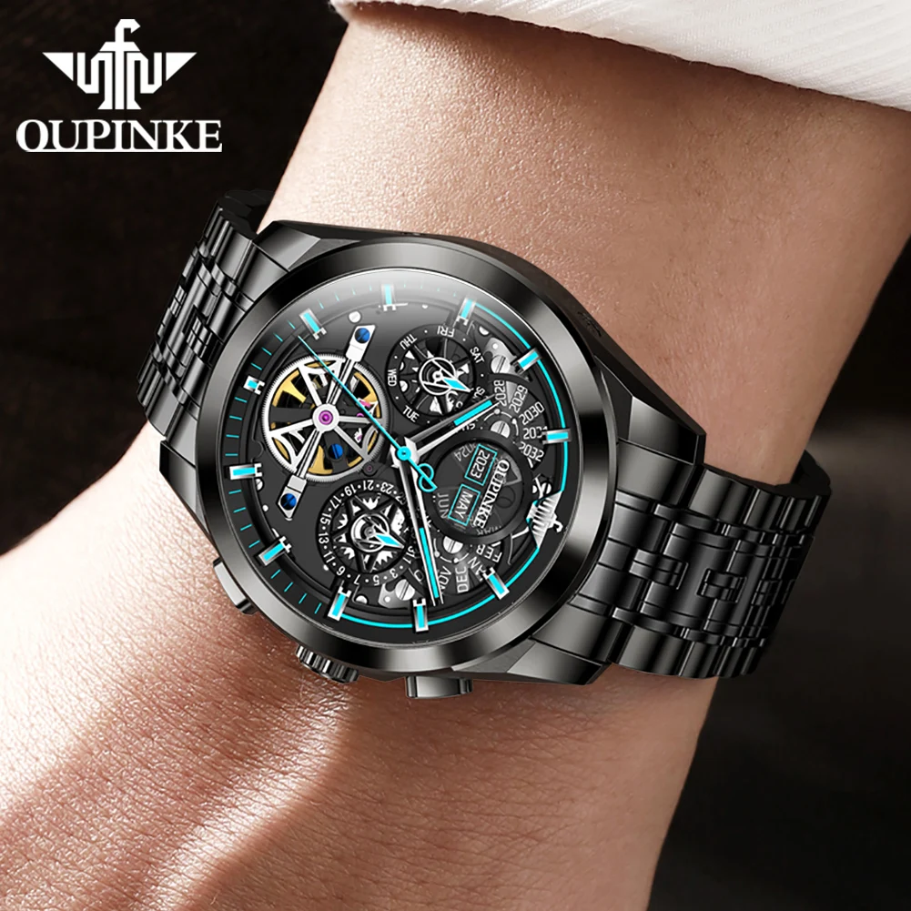 OUPINKE 3235 Original Mechanical Watch For Men Fashion Hollow Waterproof Luminous Wristwatch Week Calendar Stainless Steel Watch