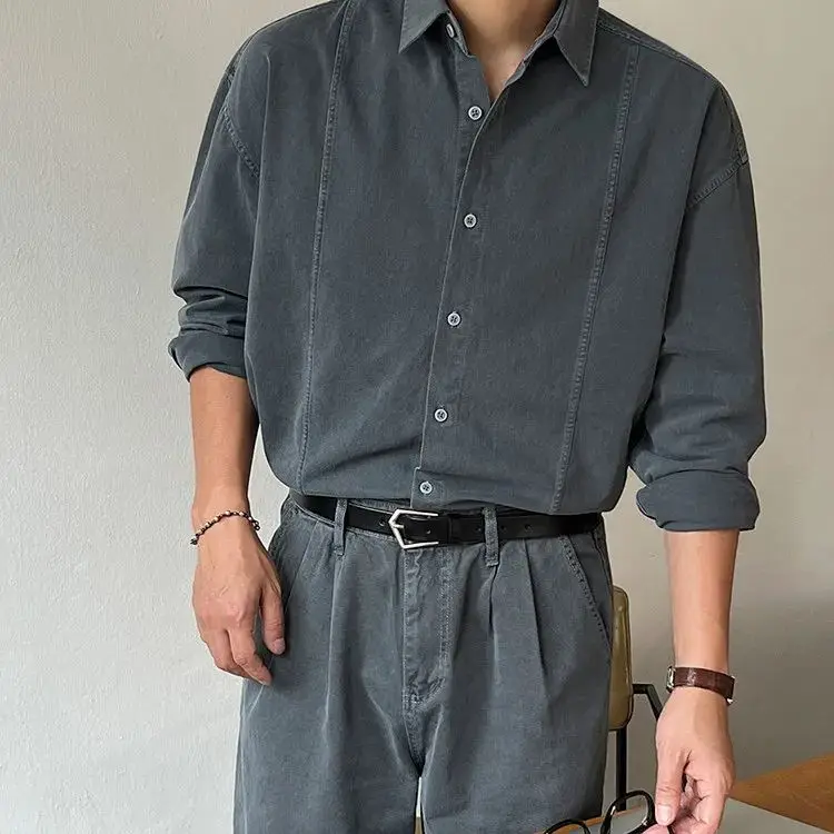 

Мужская винтажная повседневная рубашка с эффектом потертости: готовая к весне, свободного кроя, с длинным рукавом; приталенная, мягкая и прочная джинсовая куртка