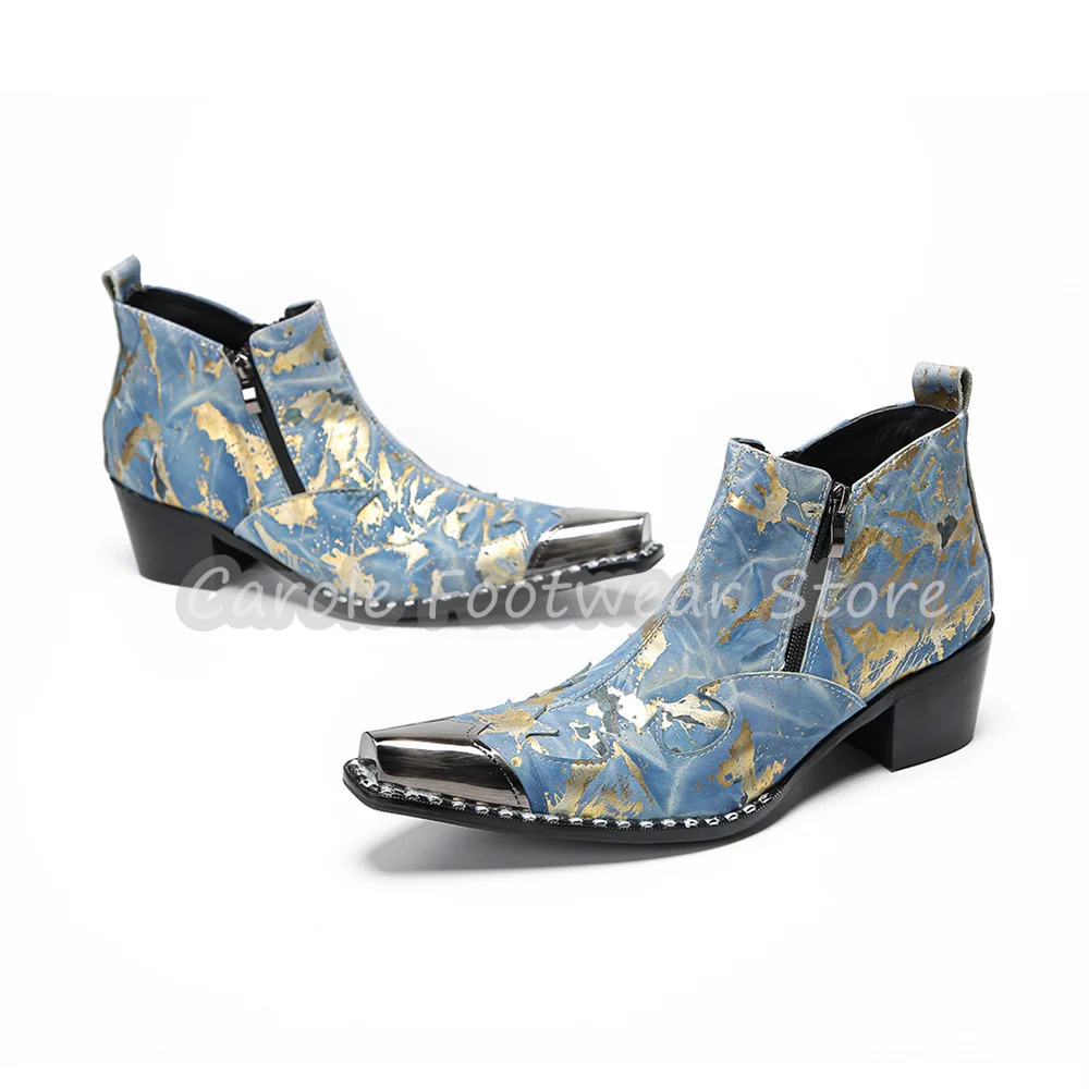 Luxury Gold Foil Print Male Genuine Leather Short Boots Metal Pointed Toe Side Zipper Western Cowboy Boots Wedding Daily Shoes