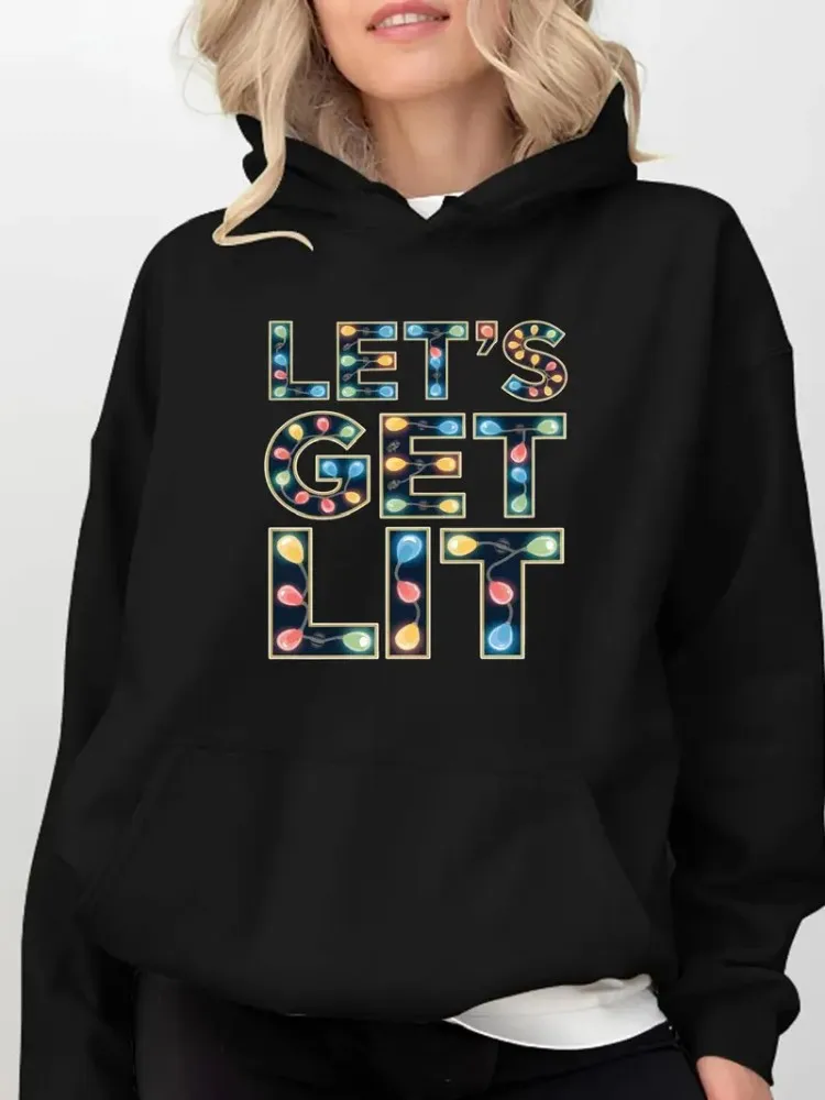 

Женская толстовка больших размеров Let's Get Lit Рождественская толстовка с разноцветной подсветкой Тяжелый пуловер с капюшоном 450 г/м2 на зиму