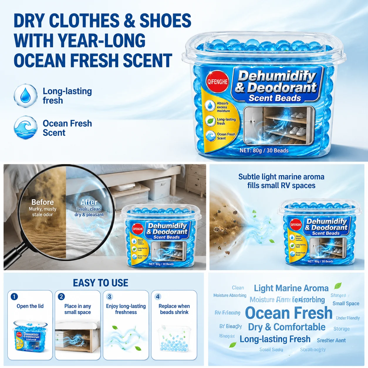Long Lasting Scented Moisture Absorber Beads for Closet Shoe Rack Eliminate Stale Air Keep Dry Fresh Ocean Breeze 80g