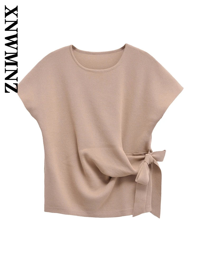 XNWMNZ 2024 Autumn Lady Chic O-Collar T-shirt Top Fashion Female Solid Color Short Sleeve Pullover Ruffles Regular Fit Bowknot