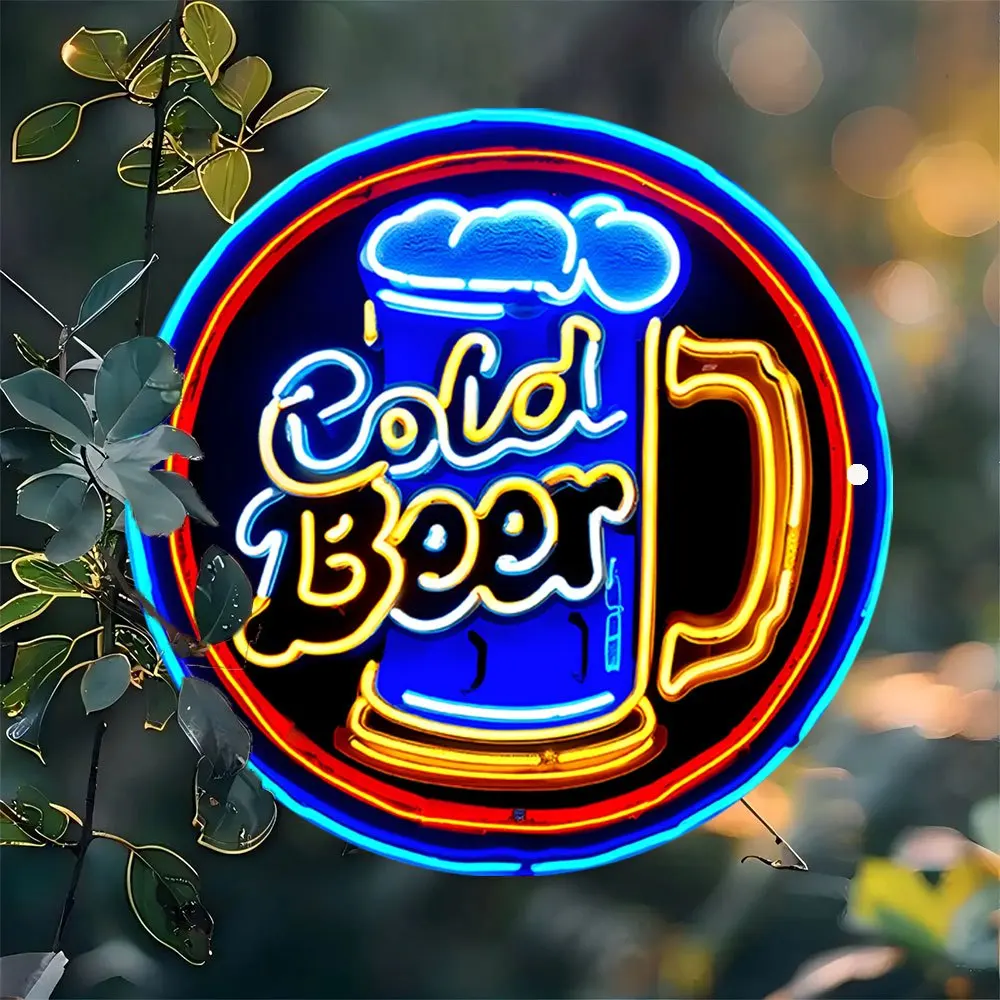 2D LED Neon Sign Beer Metal Tin Sign Light 7.8in Bar Pub Wall Art Decor