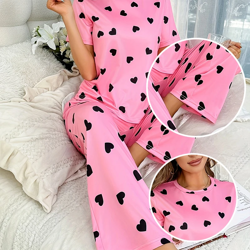 Two Piece Summer New Hot Selling Women\'s Home Leisure and Comfortable Pink Print Love Pajama Set