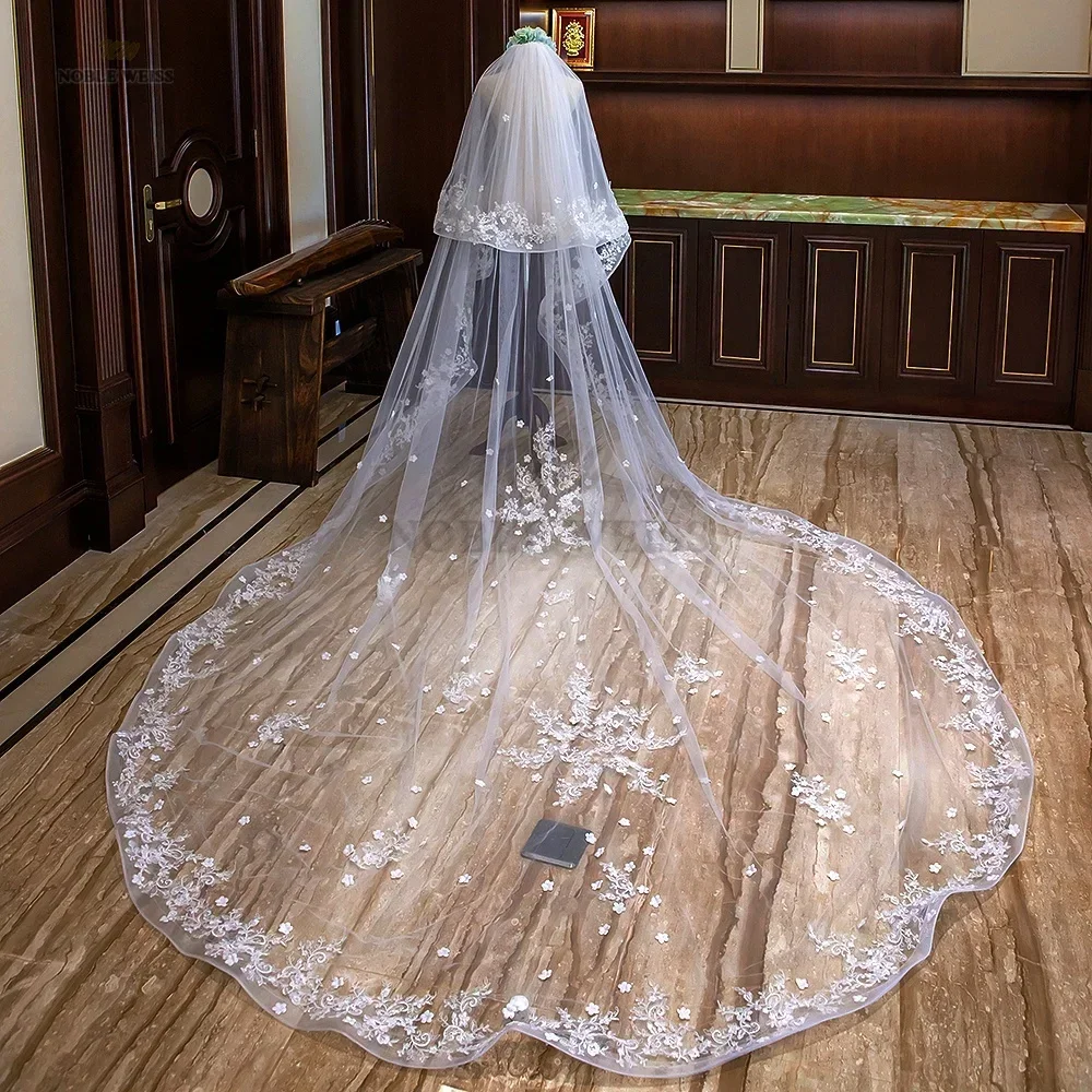 Long Wedding Veils With Comb Two Layers Appliques Bride Veil Lace Edge Tulle Veils Accessories 3m*4m Customized