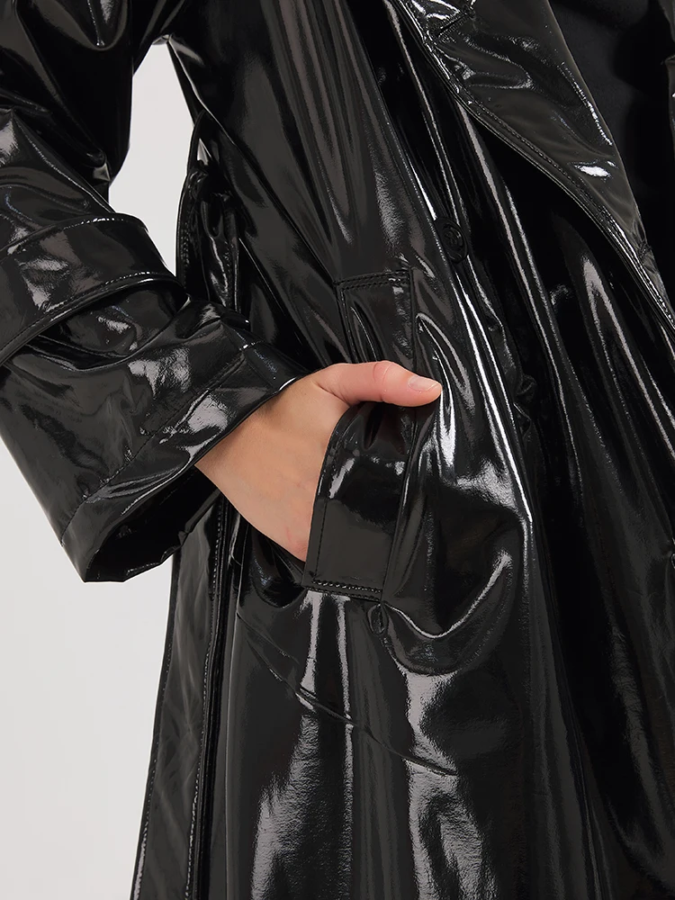 Lautaro Spring Autumn Black Shiny Reflective Soft Patent Leather Trench Coat for Women Luxury Designer Floor Length Clothes 2024