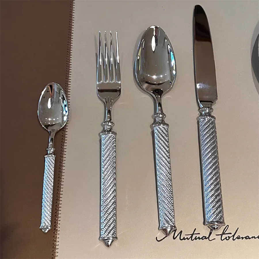 Silver Luxury Fashion Cutlery Set 18/10 Stainless Steel Creativity Gift Roman Column Flatware 304 Drop Shipping