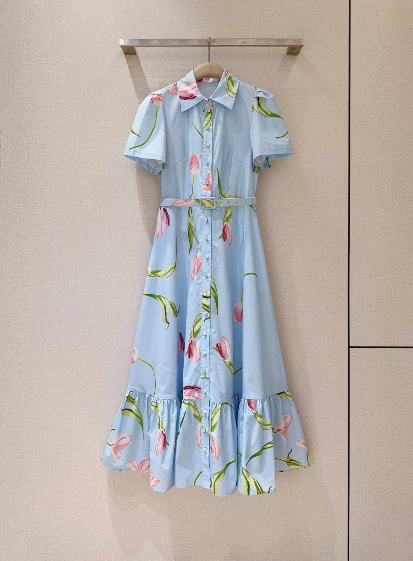 

100% Cotton Women Blue Shirt Dress Turn-down Collar Short Sleeve Single Breasted Casual Female Midi Robe