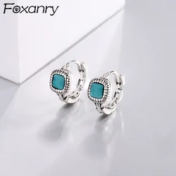 Foxanry Square Natural Stone Hoop Earrings For Women Elegant Ethnic Vintage Simple Fashion Prevent Allergy Birthday Jewelry Gift