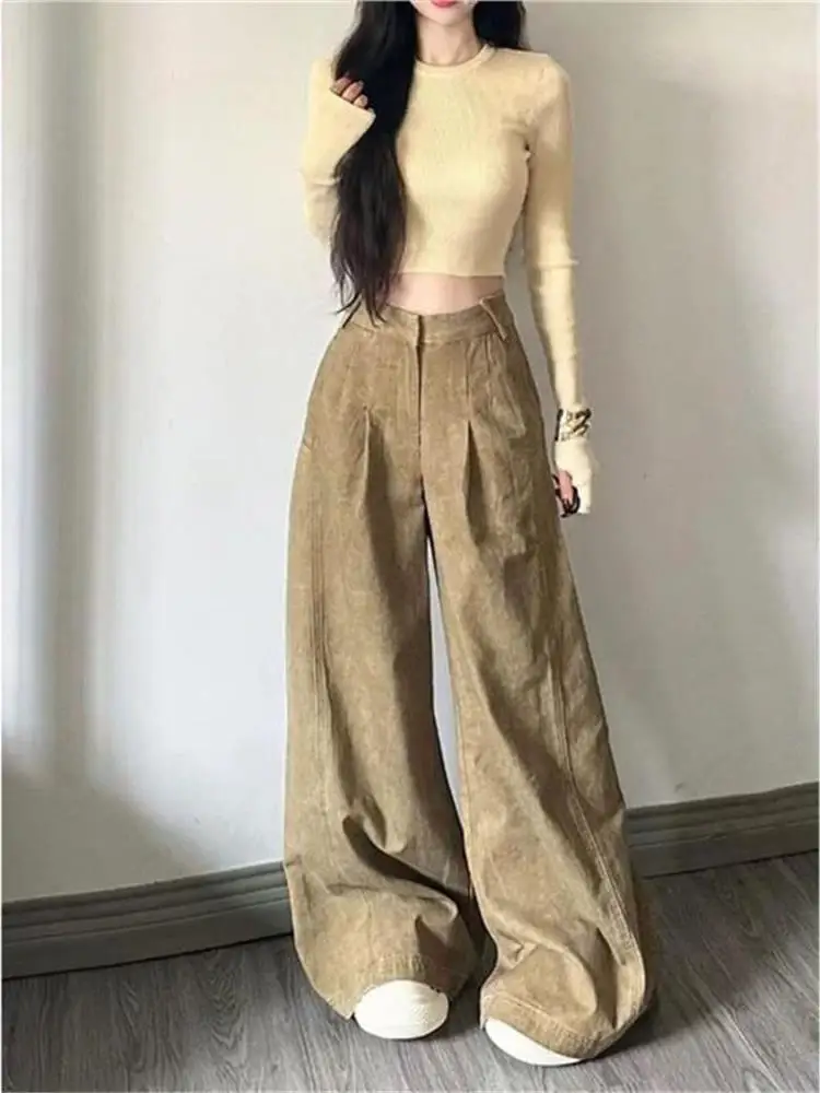 

Retro American Waed Yellow Denim Pants Women's Loose Wide Leg Floor-Length Trousers High Waist Le Pattern All Seasons