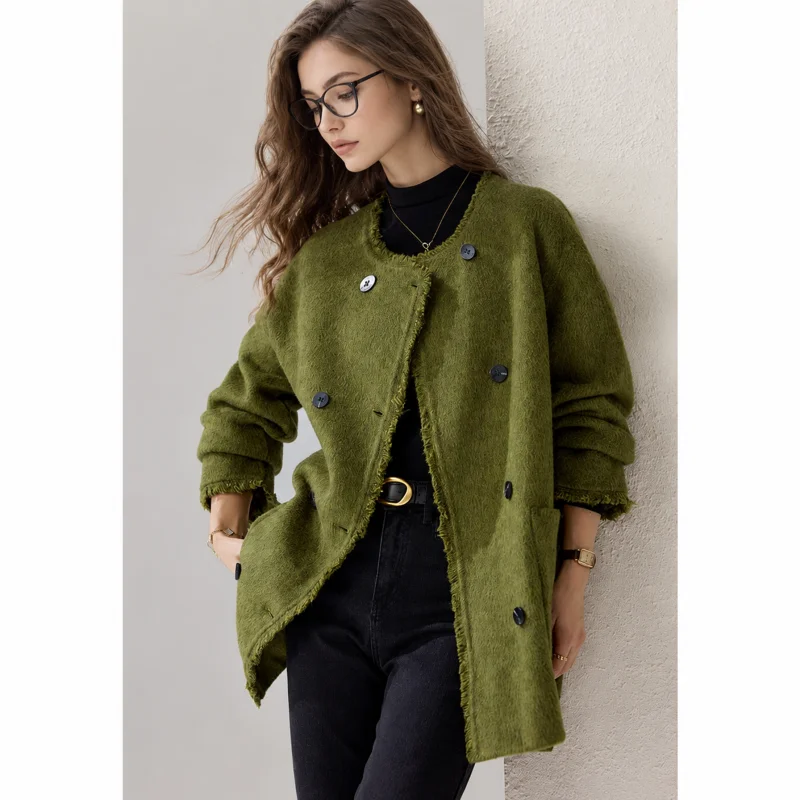 Women's V-Neck Double Breasted Mid Coat, Raw Edge Fringe Oversized Loose Fit Winter Jacket