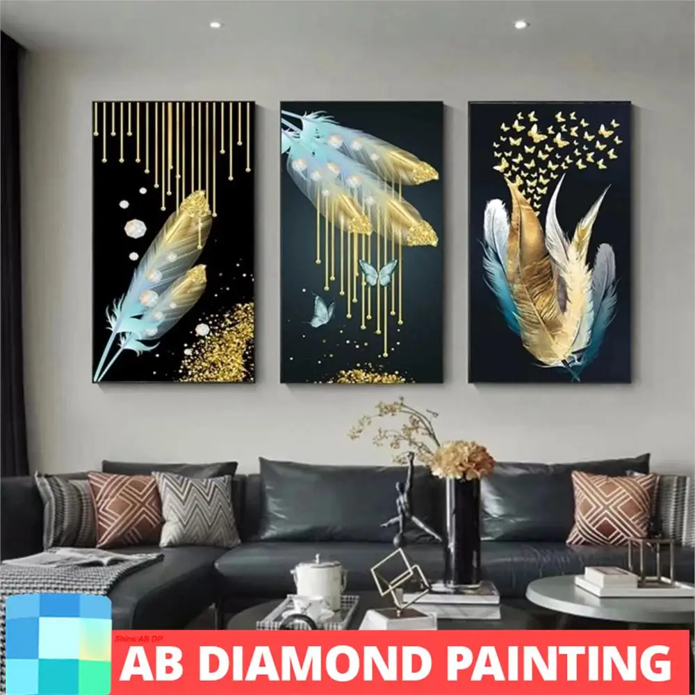 AB złote pióro motyl Flow złoty luksusowy nowoczesne dekoracje do domu diamentowy obraz krzyżykowy zestaw do szycia obraz dla wystrój salonu