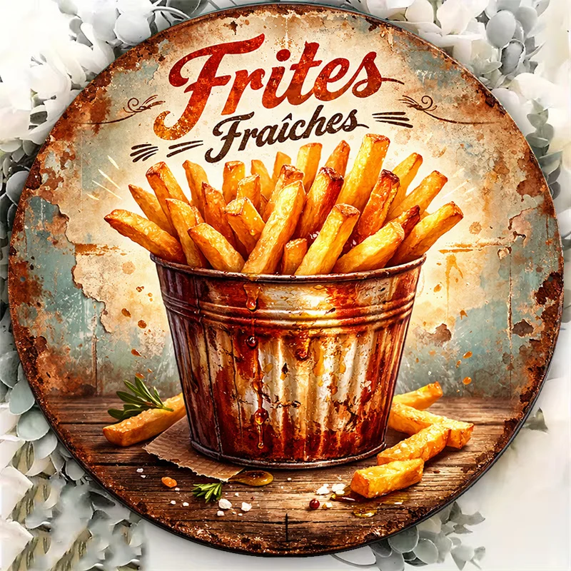 2D Flat, 1pc 1pcs Suitable, Restaurant, Cafe French Fries Wall Decor - Vintage Retro French Fries Sign, Round Plaque with French